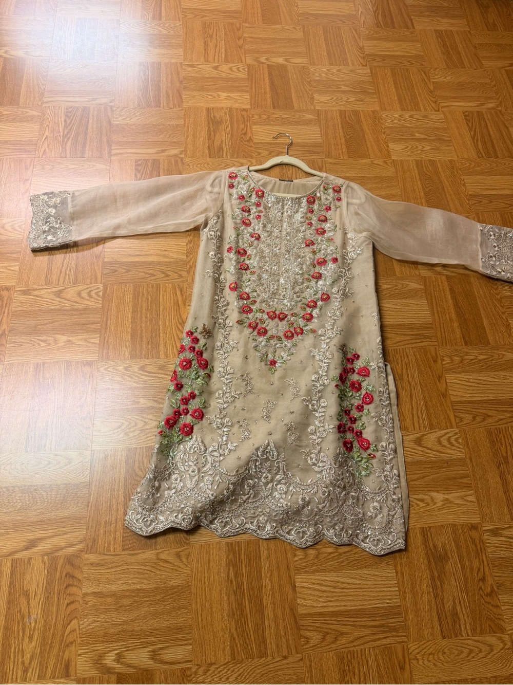 Beige Embroidered Desi Wedding Dress with Maroon Floral Accents